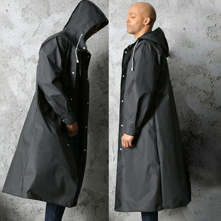 Waterproof Long Men's Raincoat, Black Hooded Trench Jacket for Hiking