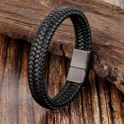 Men's 6mm Leather Braided Wristband with Magnetic Clasp, Black 21cm