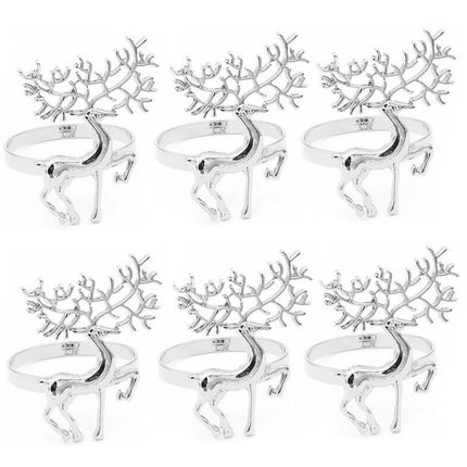 6X Silver Deer Christmas Napkin Rings Alloy Reindeer Napkin Holders
