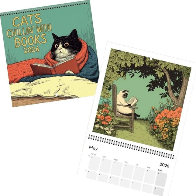2026 Cats Chillin with Books Wall Calendar Cat Themed Illustration Planner