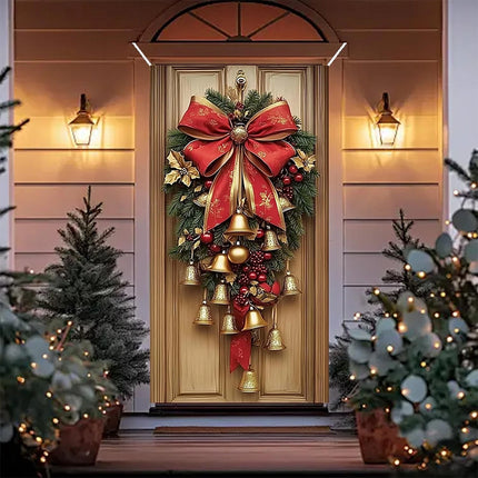 Christmas Ornament Door Cover Bells Wreath Wall Party Decor Cloth 180x90cm