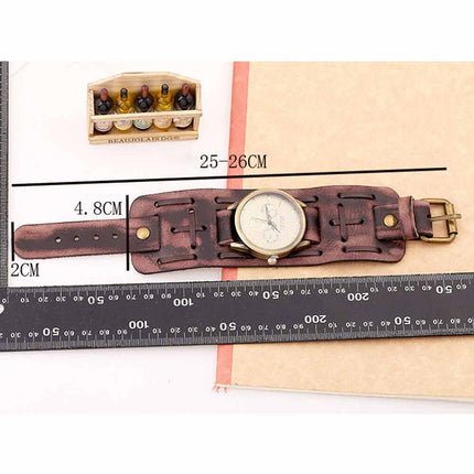Retro Punk Leather Cuff Watch – Wide Band Quartz Wristwatch for Men