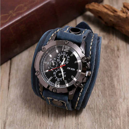 Military Retro PU Leather Strap Watch Men Punk Quartz Cuff Wristwatch