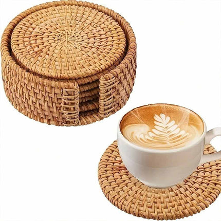 6-Piece Rattan Coaster Set with Base, Heat Resistant Autumn Cup Mats