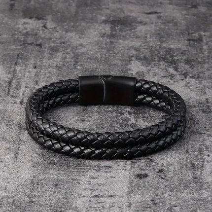Men's 6mm Leather Braided Wristband with Magnetic Clasp, Black 21cm