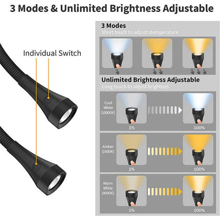 2000mAh USB Rechargeable LED Neck Reading Light, Hands-Free Bed Lamp