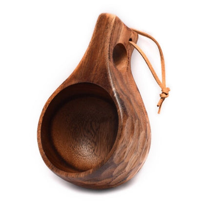 Finnish Kuksa Mug Portable Acacia Wood Handle Cowhide Rope Hook Cup