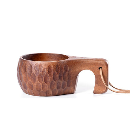 Finnish Kuksa Mug Portable Acacia Wood Handle Cowhide Rope Hook Cup