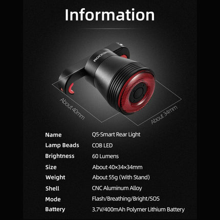Waterproof Smart Bike Rear Light 400mAh LED with Auto Brake Sensor