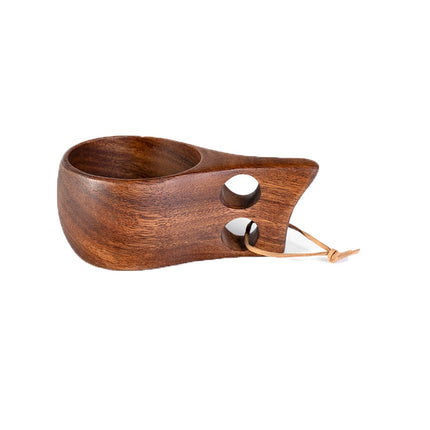 Finnish Kuksa Mug Portable Acacia Wood Handle Cowhide Rope Hook Cup