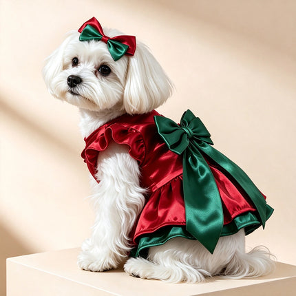 Christmas Santa Dog Dress Costume, Festive Puppy Outfit Red Green for 2-3kg