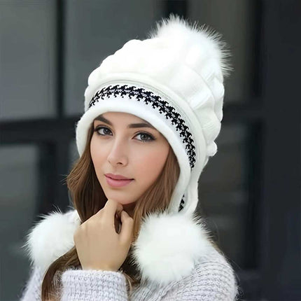 Women's Knitted Beanie Bobble Hat Ear Flap Pom Pom Ski Cap Warm White
