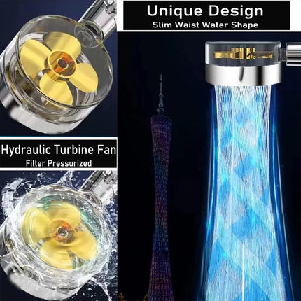 High Pressure Turbo Jet Shower Head, 3 Free Filters, Water Saving 360°