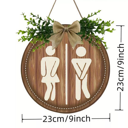 Wooden Toilet Sign Round Hanging Bathroom Door Plaque Wall Decor 23cm
