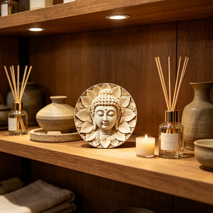 Wooden Buddha Head Round Wall Plaque Hanging Decor Indoor Outdoor 20cm