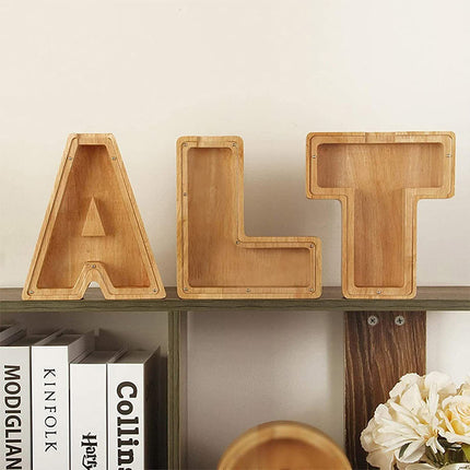 Wooden Piggy Bank, Funny Letter Coin Money Box for Kids & Adults Gift
