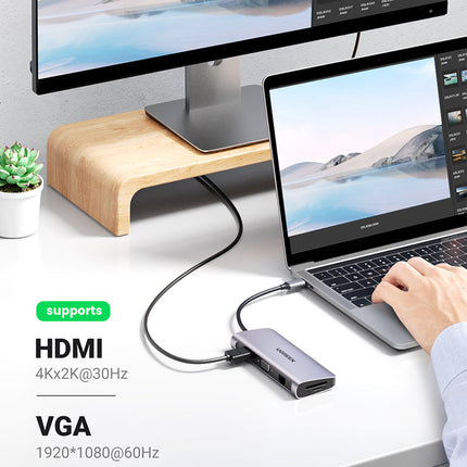 10-in-1 USB-C Multiport: HDMI+VGA+LAN+3USB+SD+AUX+PD