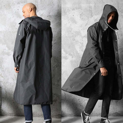 Waterproof Long Men's Raincoat, Black Hooded Trench Jacket for Hiking