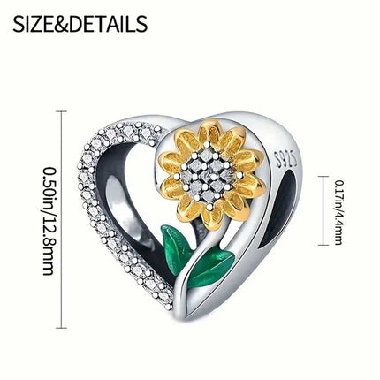 S925 Sterling Silver Sunflower Heart Charm European Bracelet Pendant