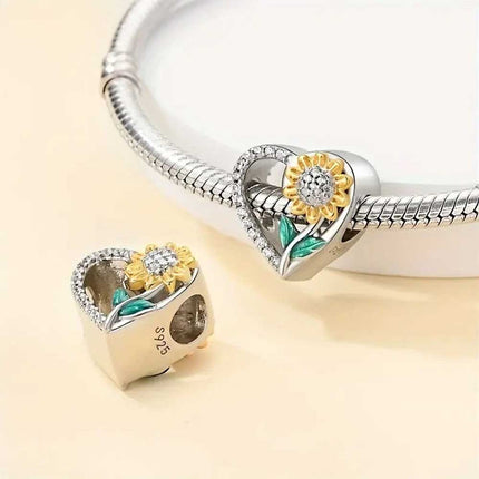 S925 Sterling Silver Sunflower Heart Charm European Bracelet Pendant