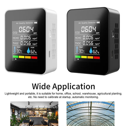 USB Rechargeable 5 in 1 Air Quality Monitor CO2 TVOC HCHO Temp Humidity