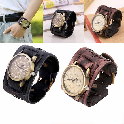 Retro Punk Leather Cuff Watch – Wide Band Quartz Wristwatch for Men