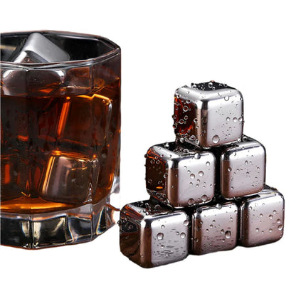 6Pcs Stainless Steel Whiskey Wine Ice Stones with Tongs, Reusable Cooling