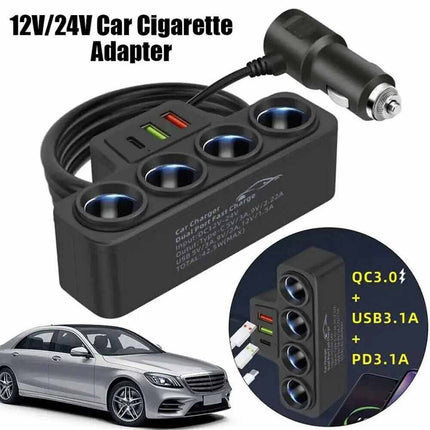 4 Way 12V 24V Car USB Charger Splitter Cigarette Lighter Power Adapter
