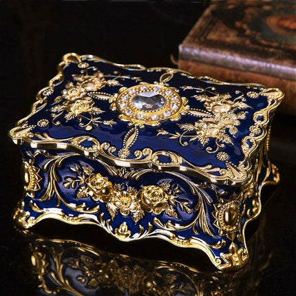Retro Blue Jewelry Box Trinket Organizer, Alloy Ring Necklace Storage Box