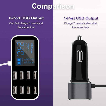 8-Port USB-C Hub Car Charger Dock with LED Display Charging Station
