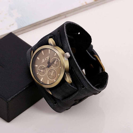 Retro Punk Leather Cuff Watch – Wide Band Quartz Wristwatch for Men