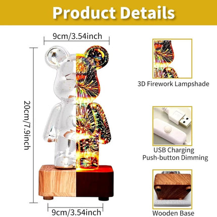 Cute 3D Bear USB Night Light, RGB Firework Glass Lamp 20cm