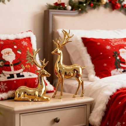2Pcs Gold Reindeer Statues, Xmas Figurines Holiday Table Centerpiece Decor