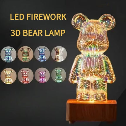 Cute 3D Bear USB Night Light, RGB Firework Glass Lamp 20cm