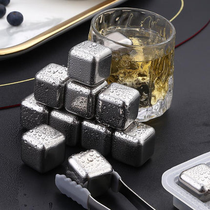 6Pcs Stainless Steel Whiskey Wine Ice Stones with Tongs, Reusable Cooling