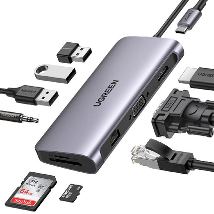 10-in-1 USB-C Multiport: HDMI+VGA+LAN+3USB+SD+AUX+PD
