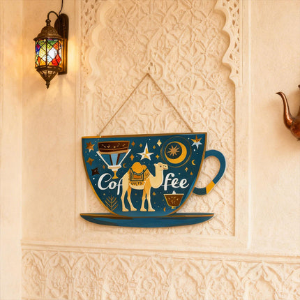 Coffee Bar Door Sign with Rope, Rustic Wooden Cup Plaque Wall Decor
