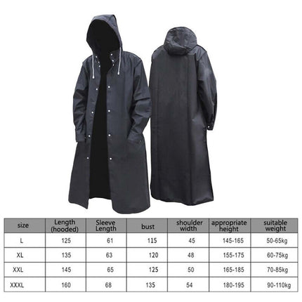 Waterproof Long Men's Raincoat, Black Hooded Trench Jacket for Hiking