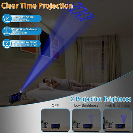 LED Projection Alarm Clock with Radio, Curved Screen Digital
