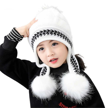 Women's Knitted Beanie Bobble Hat Ear Flap Pom Pom Ski Cap Warm White
