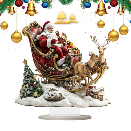 2D Santa & Reindeer Sleigh Flat Acrylic Ornament w/ Stand Desktop Decor