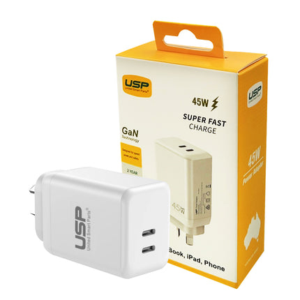 45W GaN Super Fast 2-Port USB-C Wall Charger for iPhone iPad Samsung