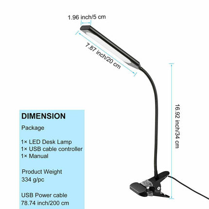 Flexible USB Clip-On Reading Lamp, LED Bedside Desk Light for Night
