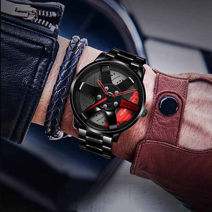 Mens Quartz Car Wheel Design Watch, Sporty Mesh Rim Wristwatch