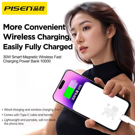PISEN Magnetic Wireless Power Bank 10000mAh 30W, PD QC3.0 Super Fast Charge