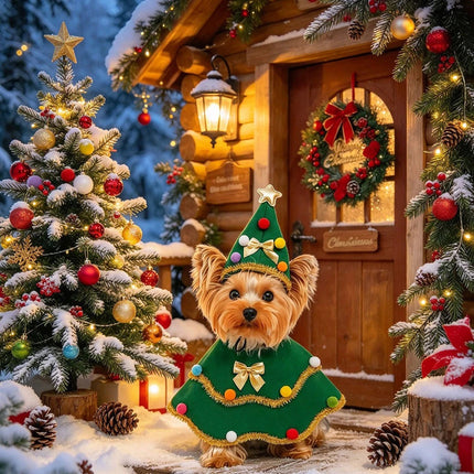 Christmas Tree Pet Cape Shawl, Festive Dog & Cat Costume Outfit for Puppy