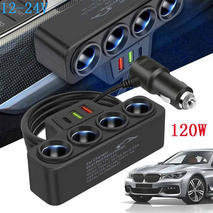 4 Way 12V 24V Car USB Charger Splitter Cigarette Lighter Power Adapter
