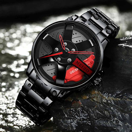 Mens Quartz Car Wheel Design Watch, Sporty Mesh Rim Wristwatch