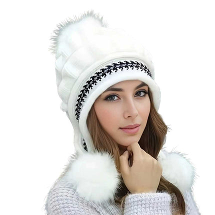 Women's Knitted Beanie Bobble Hat Ear Flap Pom Pom Ski Cap Warm White
