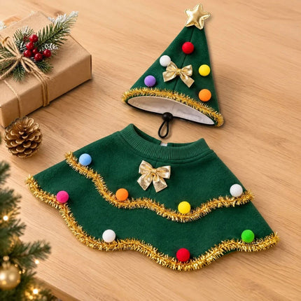 Christmas Tree Pet Cape Shawl, Festive Dog & Cat Costume Outfit for Puppy